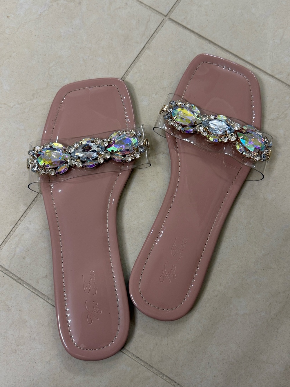 Pink Jeweled Slide Sandals with Iridescent Crystal Strap